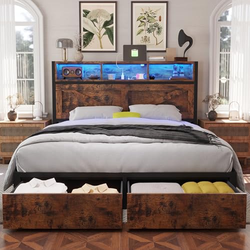 Rustic Brown Full Bed Frame with Bookcase Headboard and Storage Drawers G373360