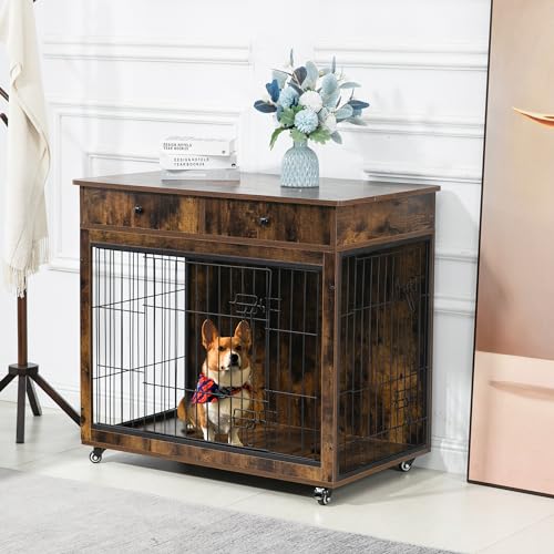 Grey 31.7" L×23.2" W×33" H Wooden Dog Crate with 2 Drawers D442