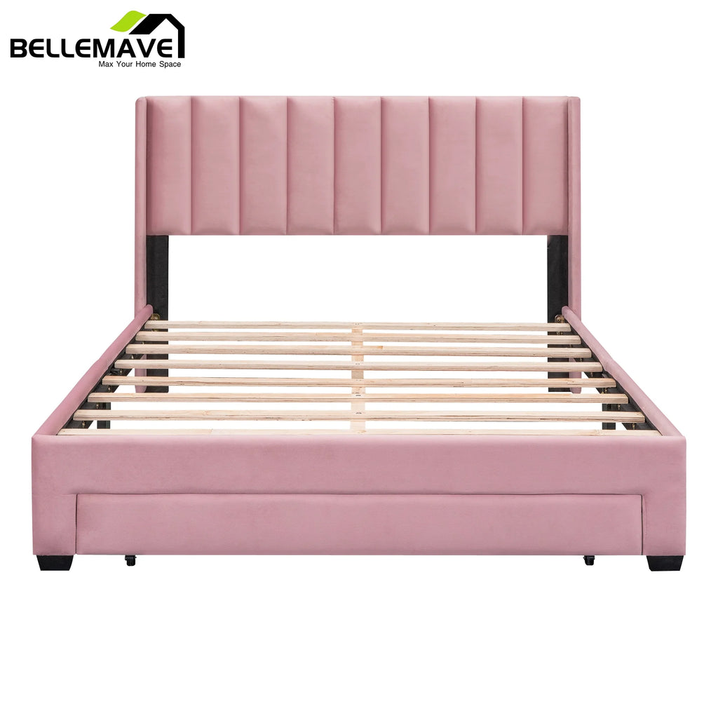 Queen Size Pink Velvet Upholstered Wood Platform Bed with Drawer I3436