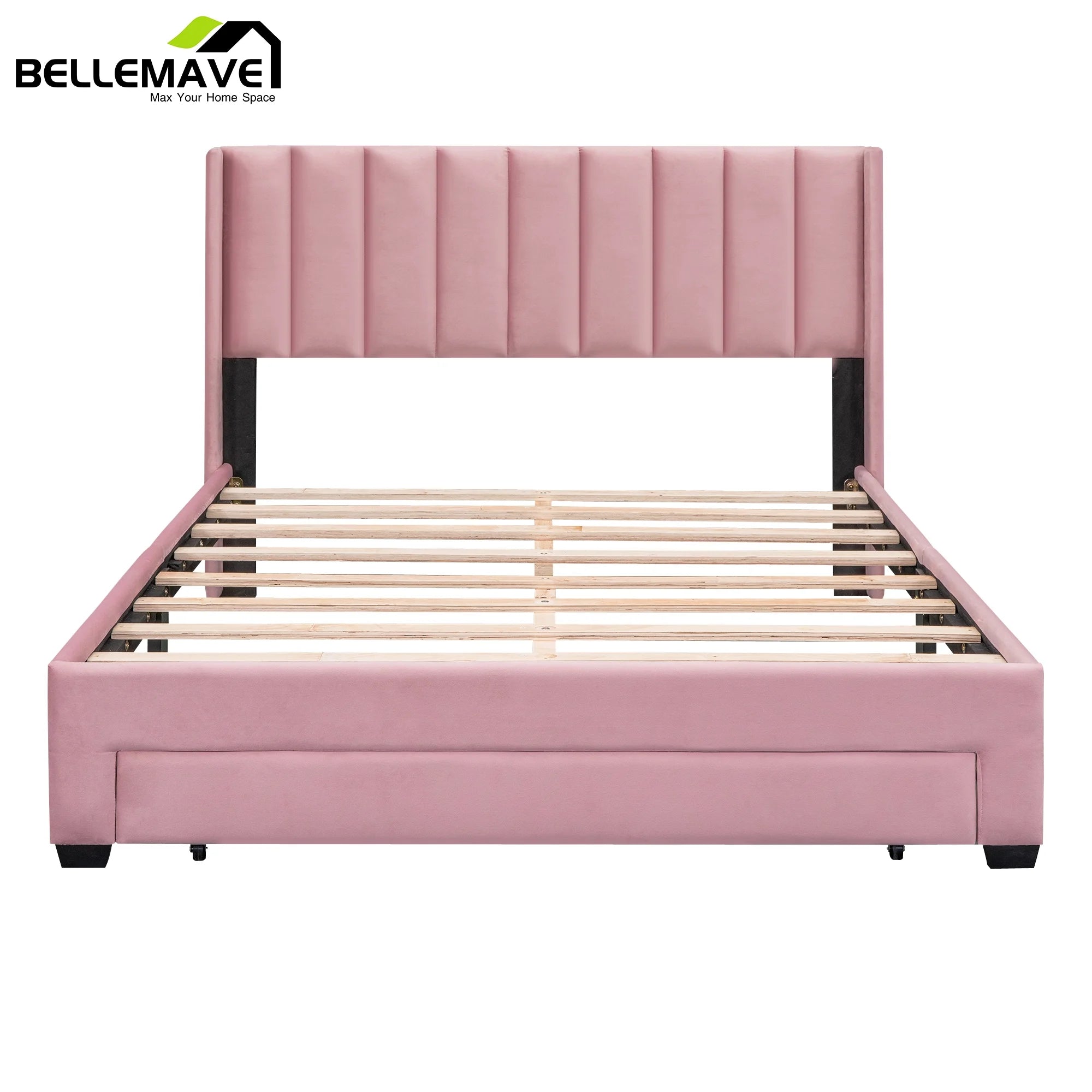 Queen Size Pink Velvet Upholstered Wood Platform Bed with Drawer I3436