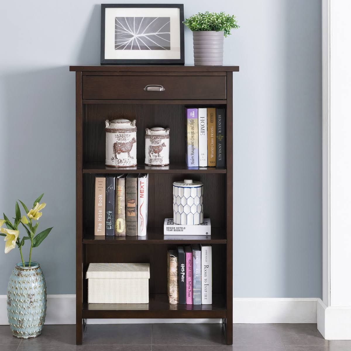 3 Shelf Bookcase with Drawer Storage, Chocolate Oak W436447