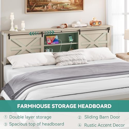 White Queen Size Bed Frame with Headboard and Storage Shelves I43433