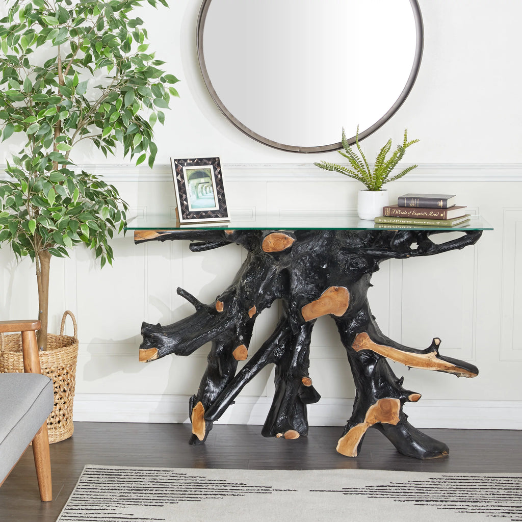 Black Teak Wood Console Table with Clear Glass Top H778869