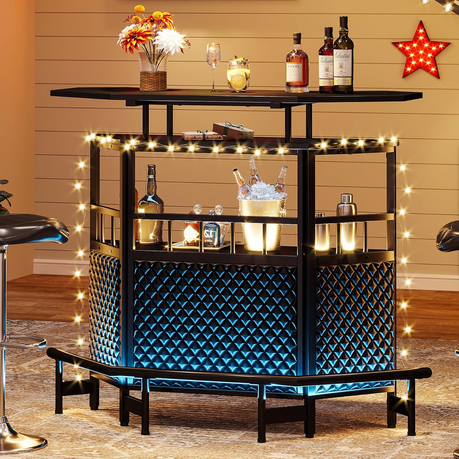 Black 4 Tier Bar Cabinet with Stemware Rack A401