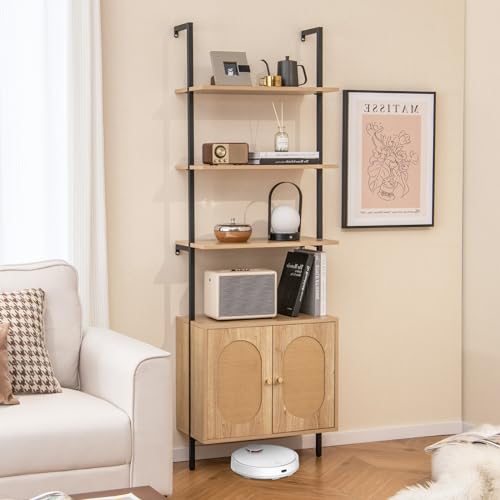 6-Tier Ladder Bookshelf with Cabinet, 71" Tall Wall Mount Shelf Bookcase with Metal Frame & Rattan Cabinet Bottom S776