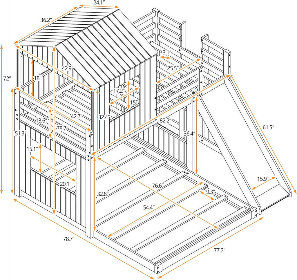 Gray Wood Twin Over Full Bunk Bed with Ladder and Slide J79221