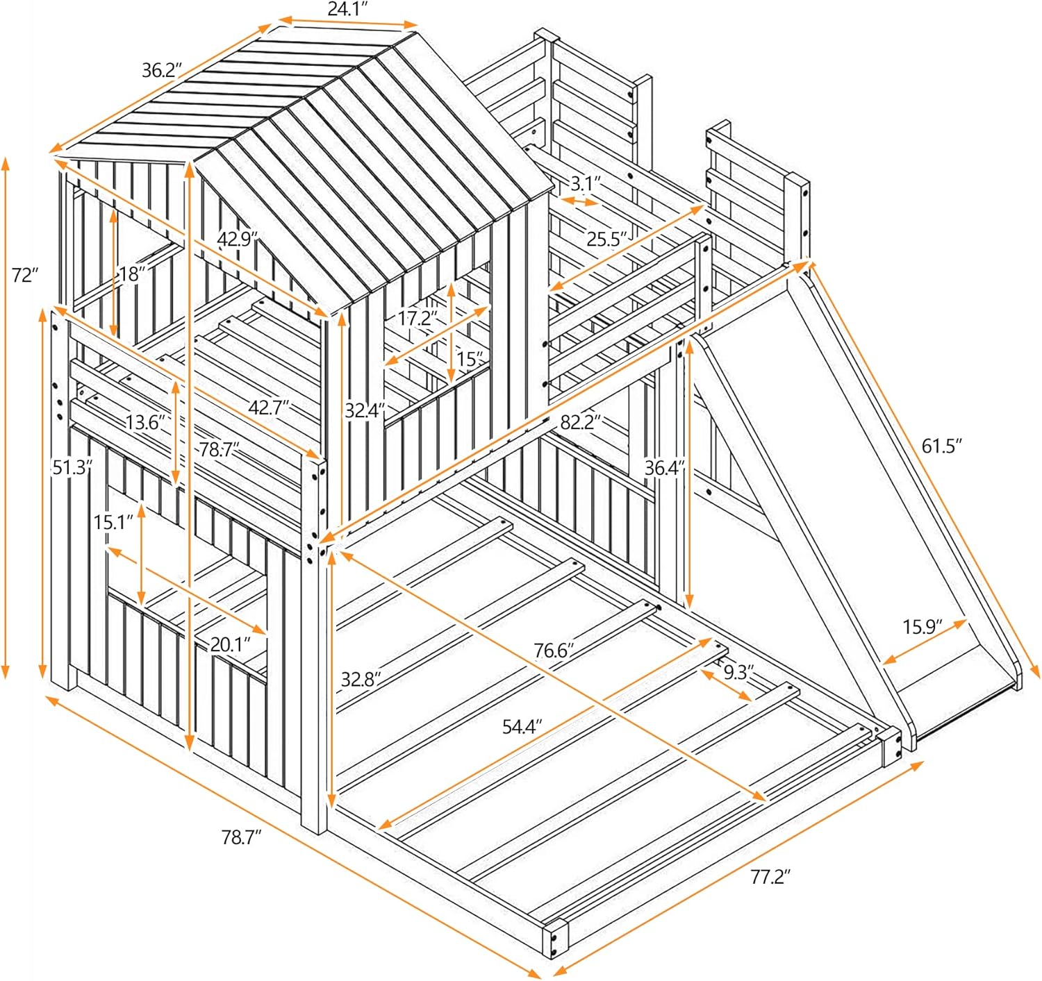 Gray Wood Twin Over Full Bunk Bed with Ladder and Slide J79221