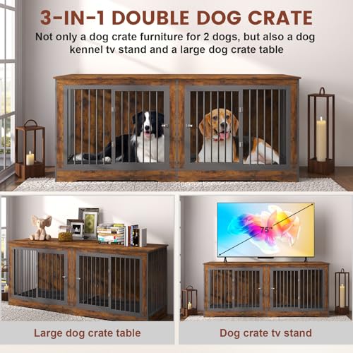 75 Inch Double Dog Crate Furniture Rustic Brown with Trays and Divider A2215
