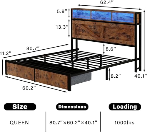 Rustic Brown Full Bed Frame with Bookcase Headboard and Storage Drawers G373360