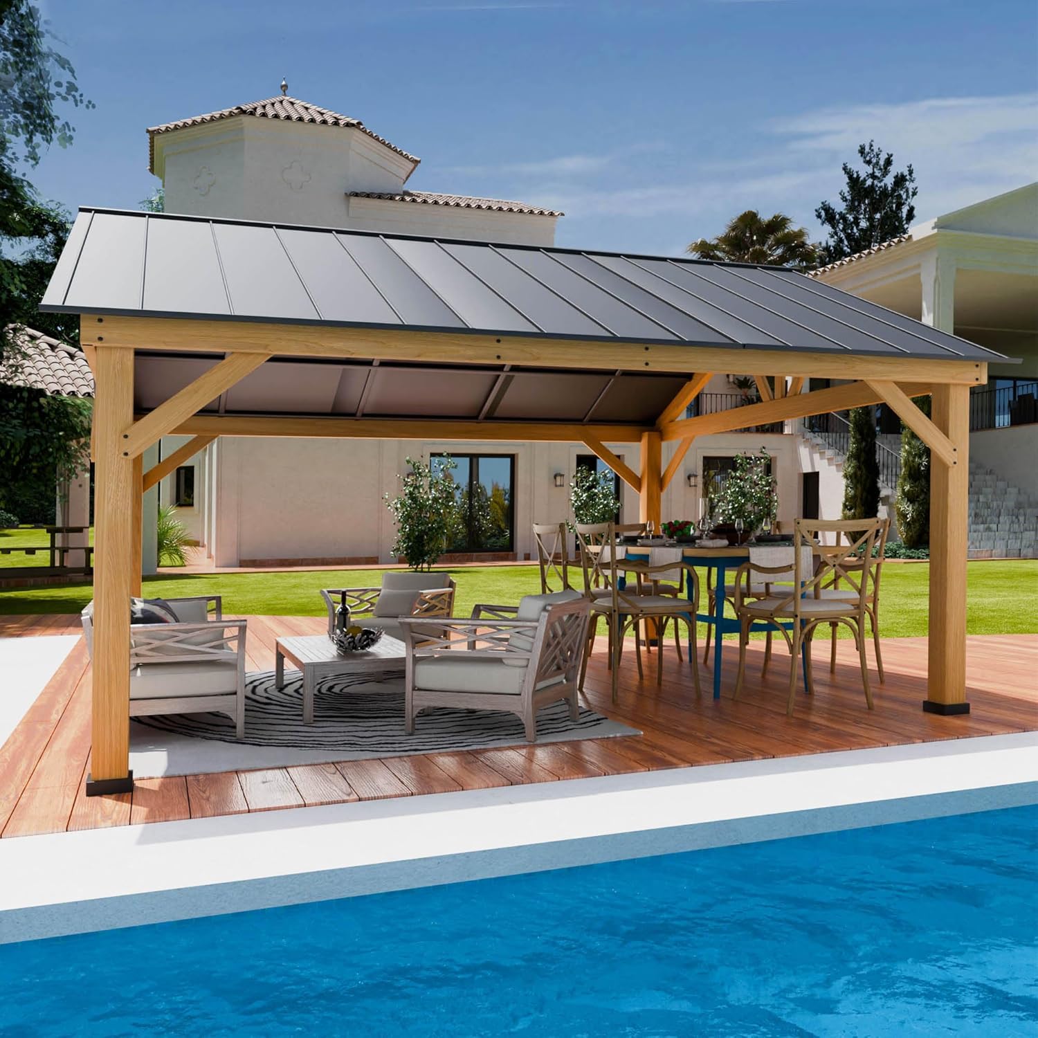 13' x 15' Wood Cedar Gazebo with Galvanized Steel Roof K750603