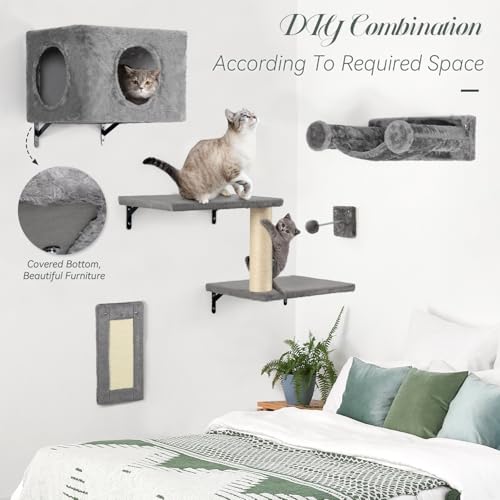 5-in-1 Wall-Mounted Cat Climber Set with House, Bridge, Steps, Scratcher, Hammock, Shelves E936035