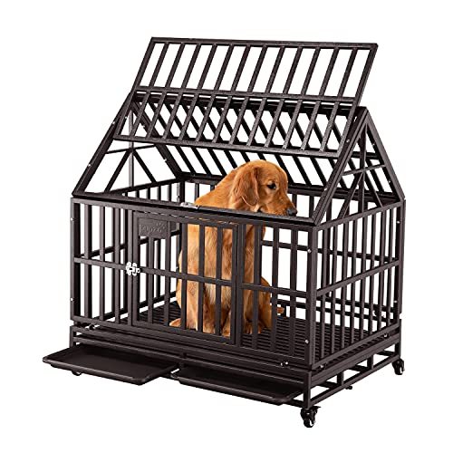 Brown Heavy Duty Dog Cage Crate Kennel with Four Wheels 38 inch I8573