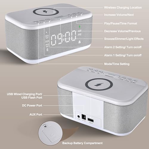 Gray Digital Alarm Clock with Bluetooth Speaker and Wireless Charger C580