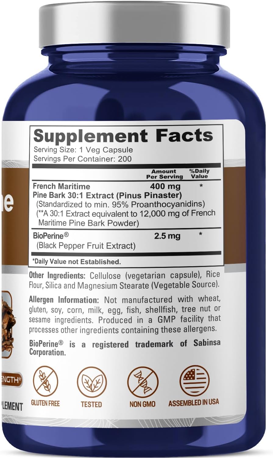 French Maritime Pine Bark Extract 12,000 mg Veggie Caps 200-Day Supply U7168