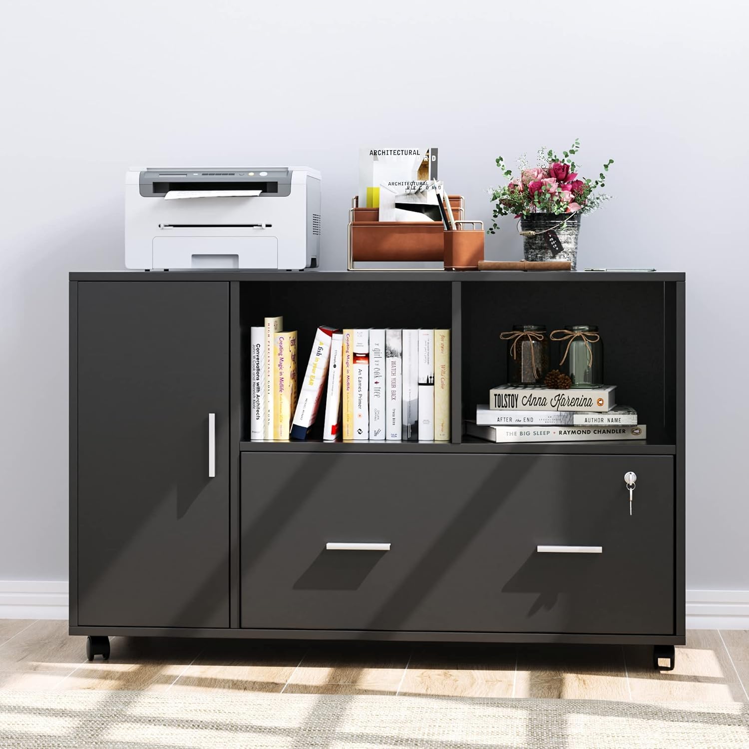 Black Wood Lateral File Cabinet with Lock B410237