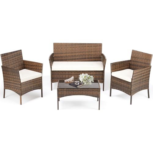 Black 4 Piece Outdoor Wicker Patio Furniture Set with Coffee Table and Sofa Y795177