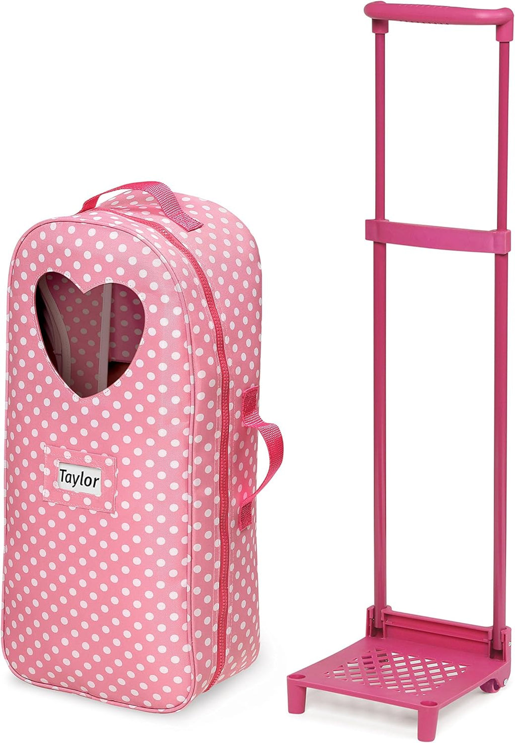 Pink Polka Dot Doll Trolley Travel Carrier with Rocking Bed and Bedding U38645