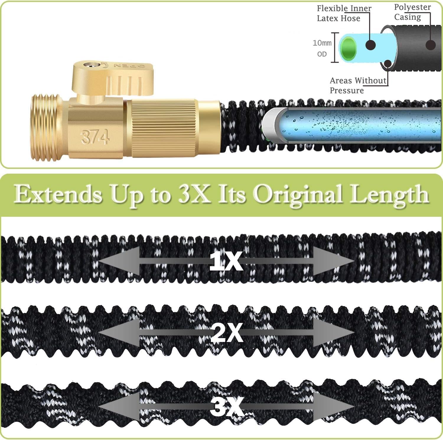 50FT Expandable Garden Hose with 9 Function Nozzle and Solid Brass Fittings M921