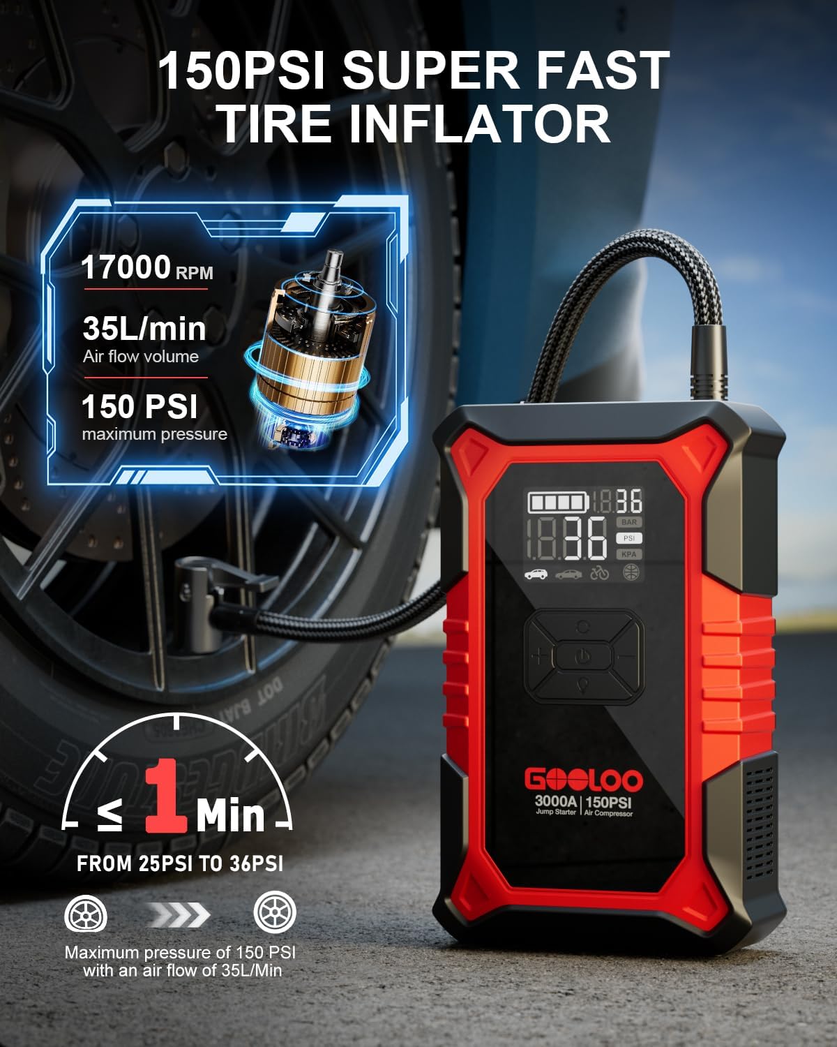3000A Portable Car Battery Booster with 150PSI Tire Inflator B9530