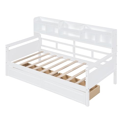 Twin Size Wood Daybed with Shelf and 2 Storage Drawers A431