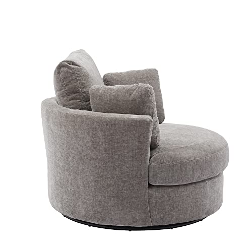 Beige Oversized Round Chenille Swivel Accent Barrel Chair with 3 Pillows F81308