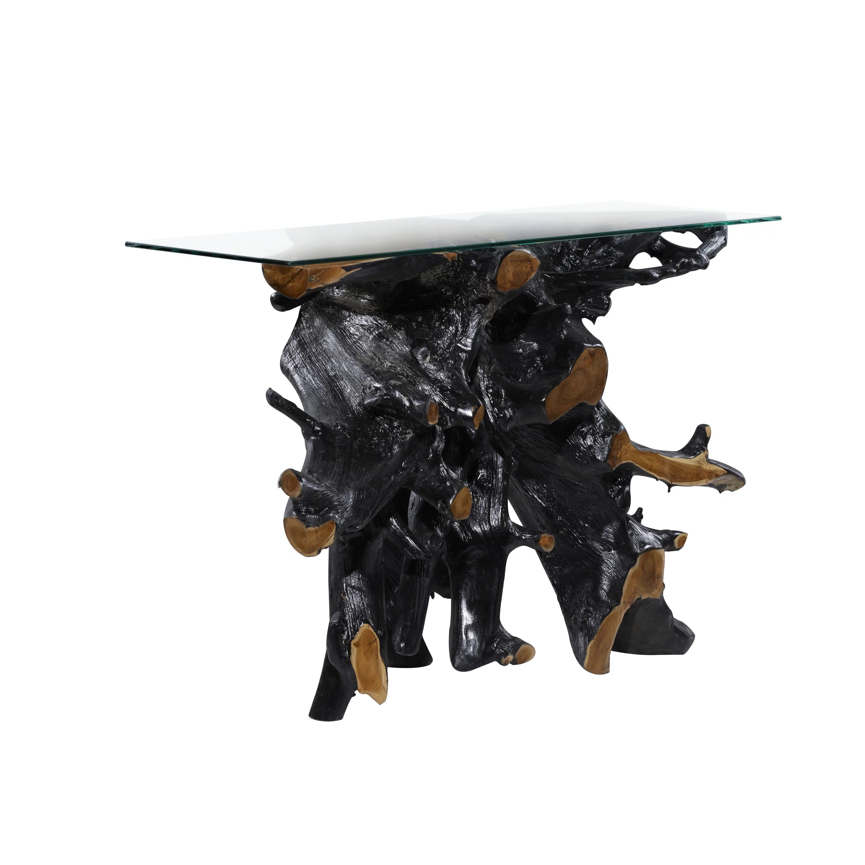 Black Teak Wood Console Table with Clear Glass Top H778869