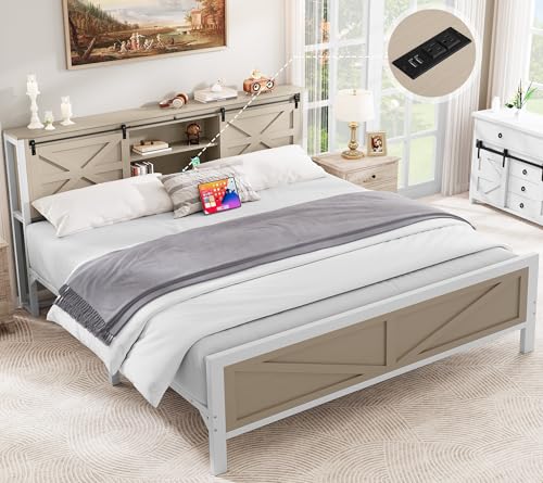 White Queen Size Bed Frame with Headboard and Storage Shelves I43433