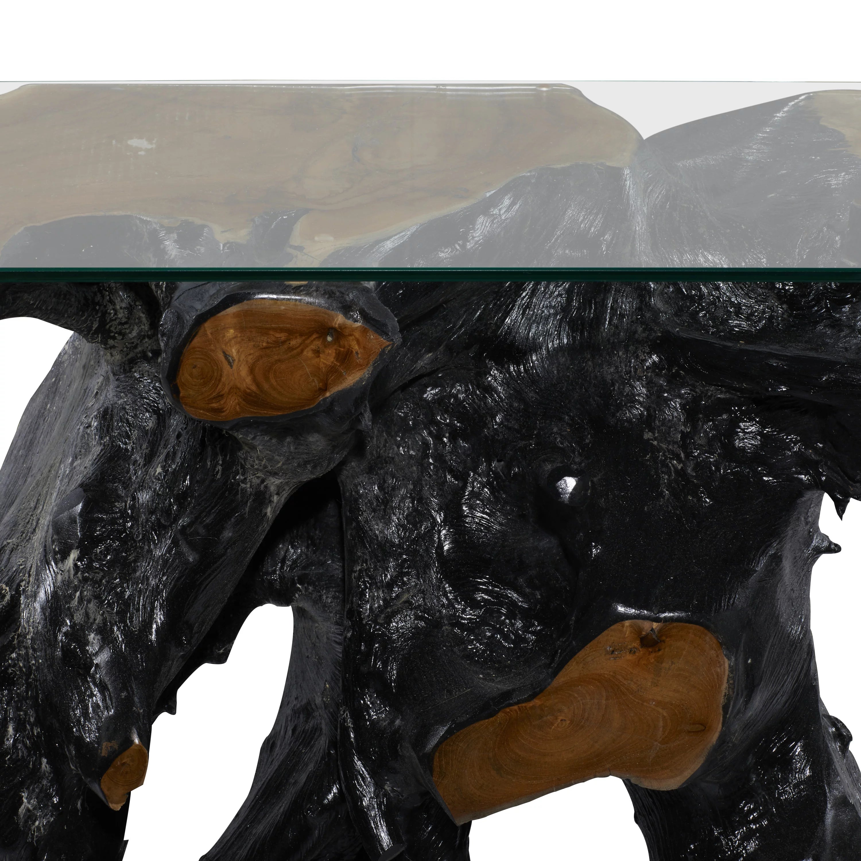 Black Teak Wood Console Table with Clear Glass Top H778869