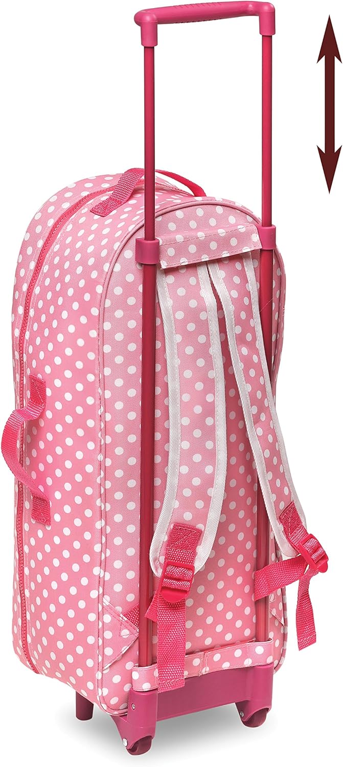Pink Polka Dot Doll Trolley Travel Carrier with Rocking Bed and Bedding U38645