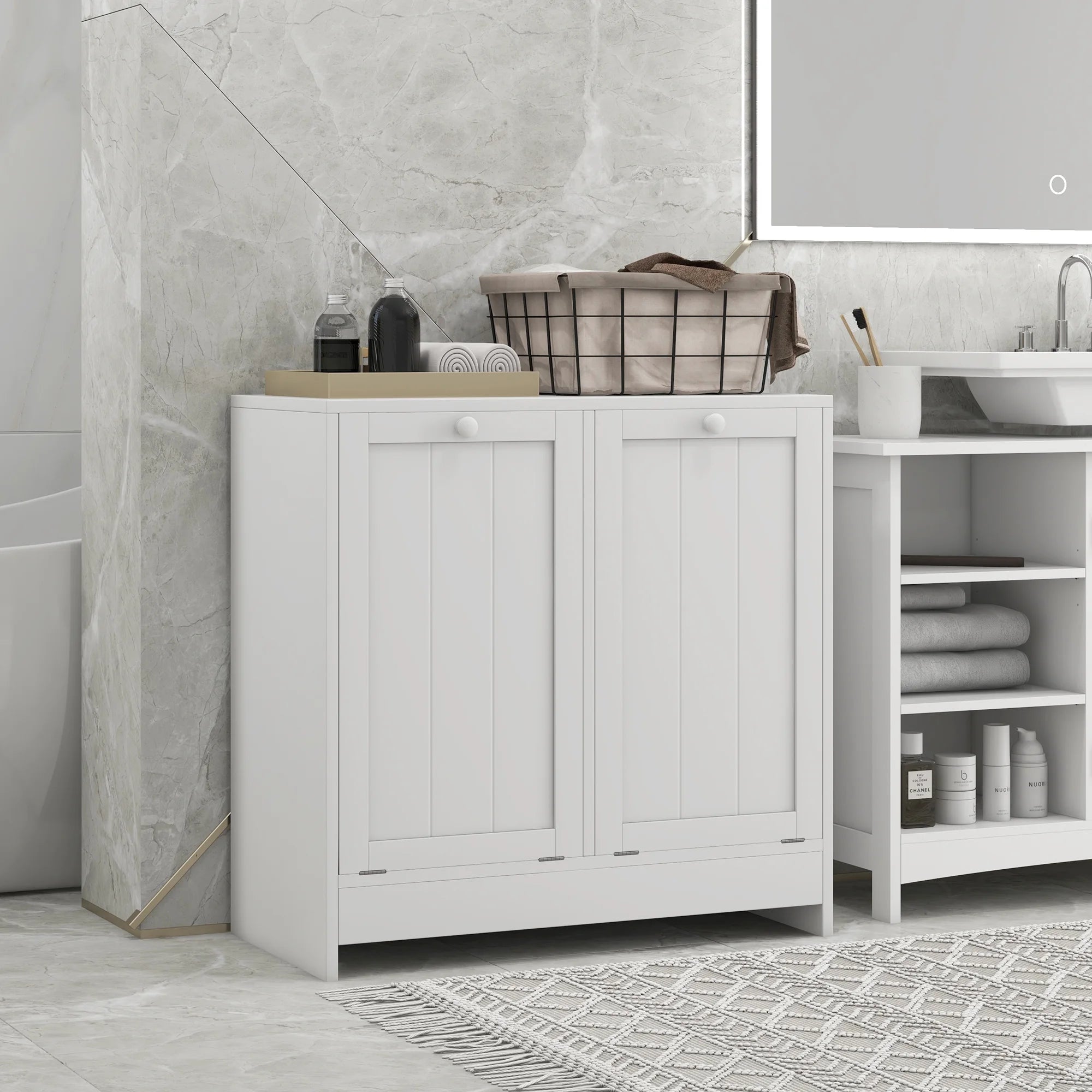 White Tilt-out Laundry Storage Cabinet with 2 Hamper Compartments H6402