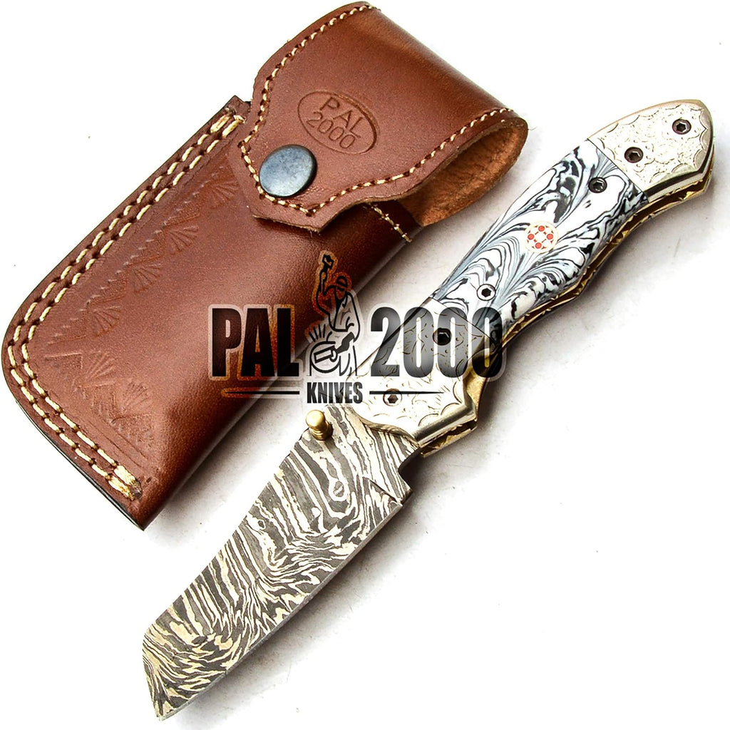 Handmade Damascus Steel Folding Pocket Hunting Knife with Sheath P1925