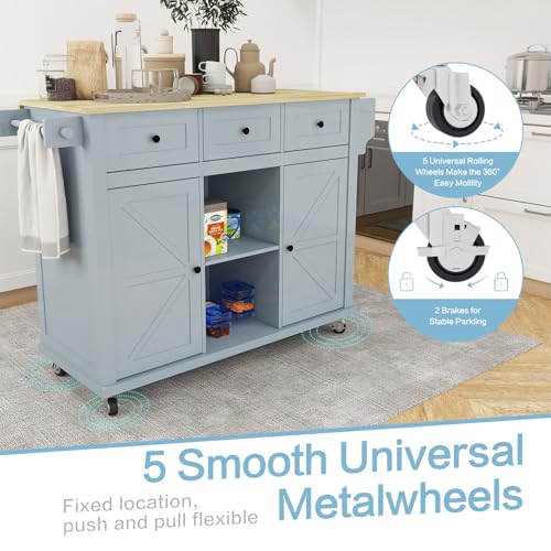 Grey Blue Rolling Kitchen Island with Storage Cabinet and 3 Drawers L4512