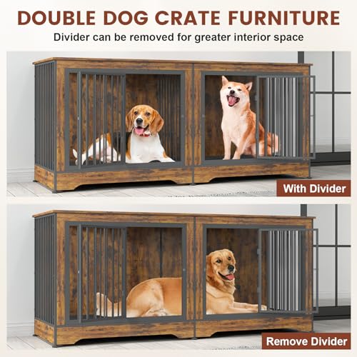 75 Inch Double Dog Crate Furniture Rustic Brown with Trays and Divider A2215
