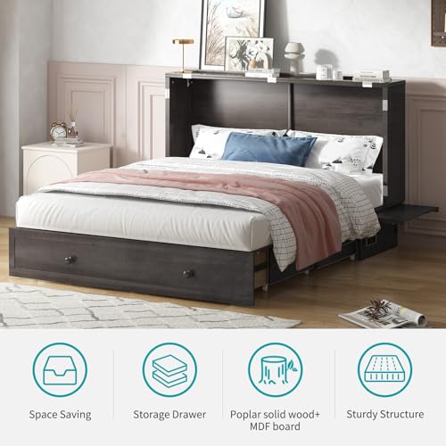 Murphy Bed with USB Charging Station, Memory Foam Queen Size Mattress, Storage Drawer N782