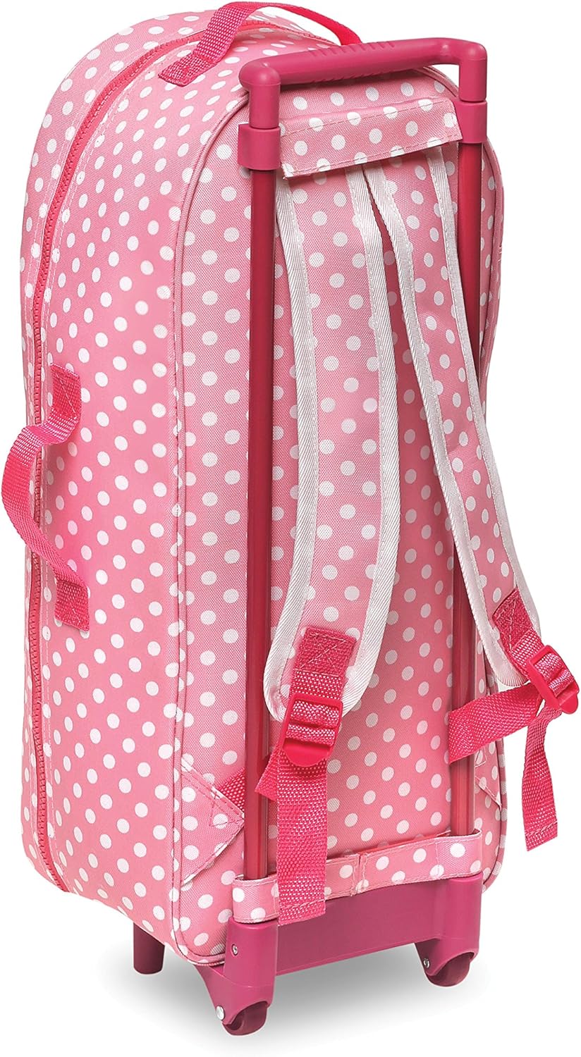 Pink Polka Dot Doll Trolley Travel Carrier with Rocking Bed and Bedding U38645