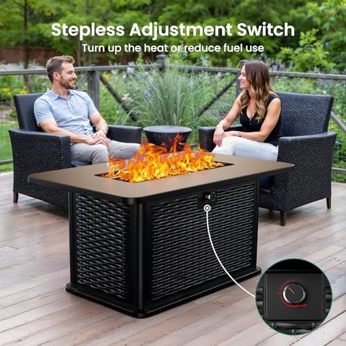 43-Inch Rectangular Propane Fire Pit with 60,000 BTU Output, Cover and Rocks, 304 Stainless Steel H-Burner E8271