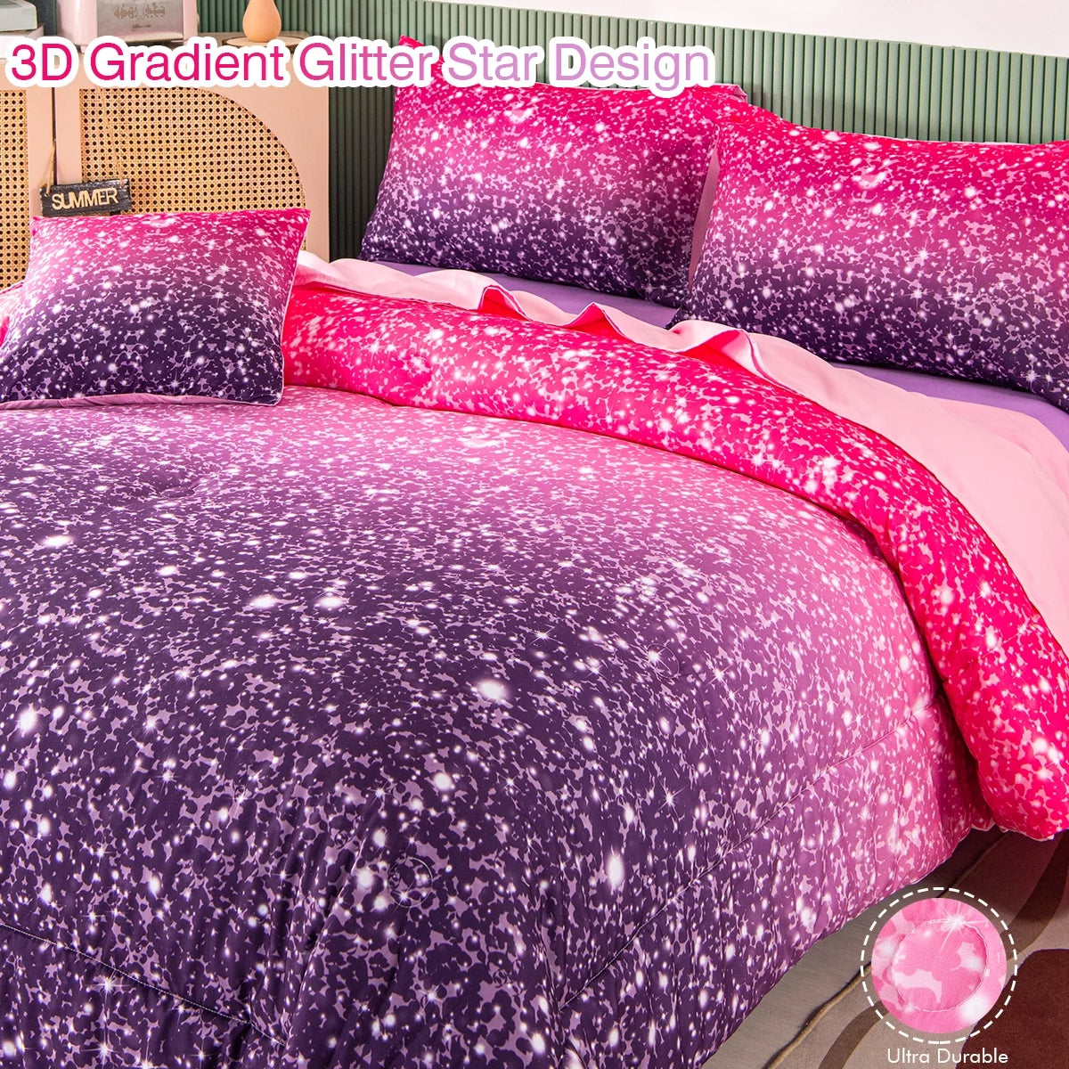 6Pcs Twin Gradient Pink Purple Glitter Comforter Sets R2313