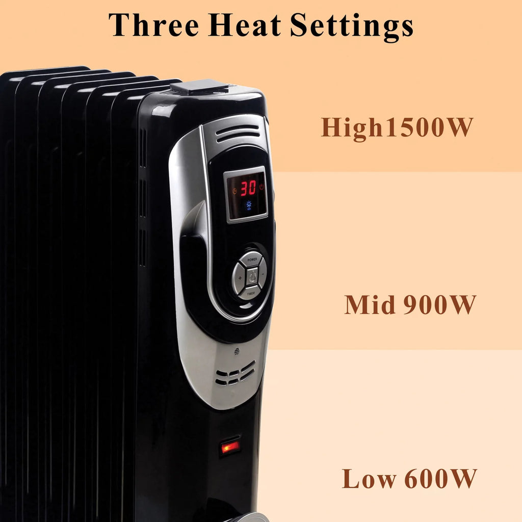 3-Setting 1,500-Max 7-Fin Portable Oil-Filled Radiator Heater with Digital Display W997