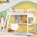 Twin Size High Loft Bed with Storage Shelves, Desk and Ladder Solid Wood Bed Frame with Safety Guardrails White D77146