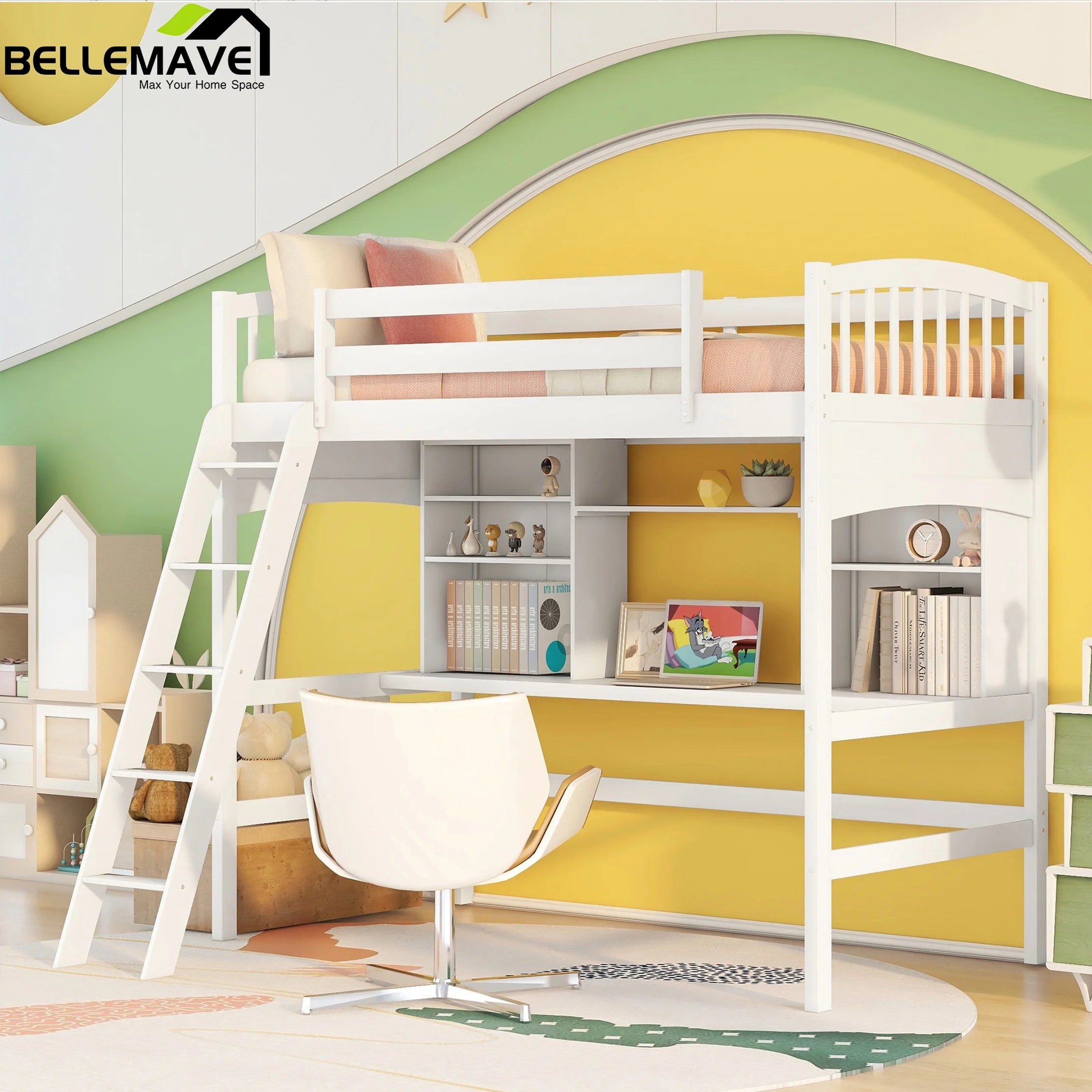 Twin Size High Loft Bed with Storage Shelves, Desk and Ladder Solid Wood Bed Frame with Safety Guardrails White D77146