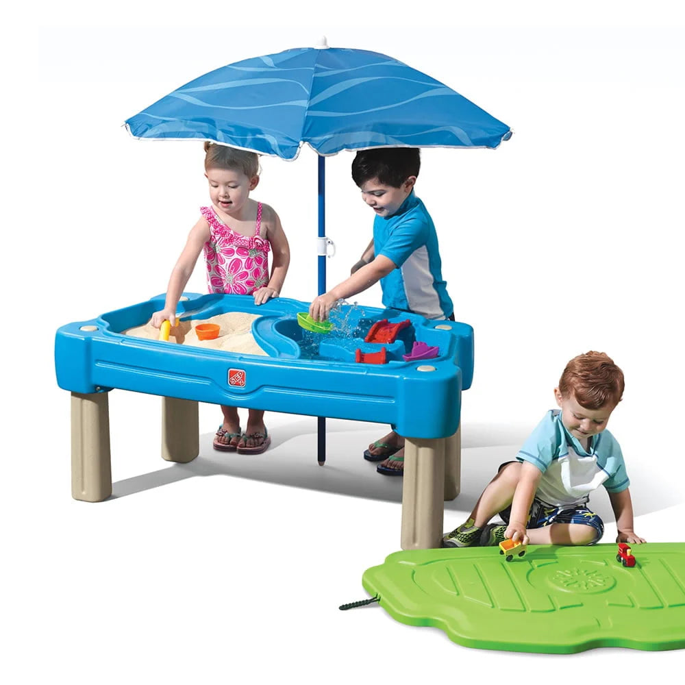 Blue Plastic Sandbox and Water Table with Cover and Umbrella A904858