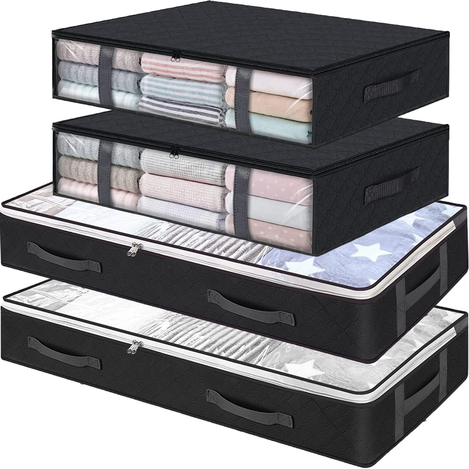 Black 4-Pack Large Underbed Storage Bags with Clear Window and Handles G8221