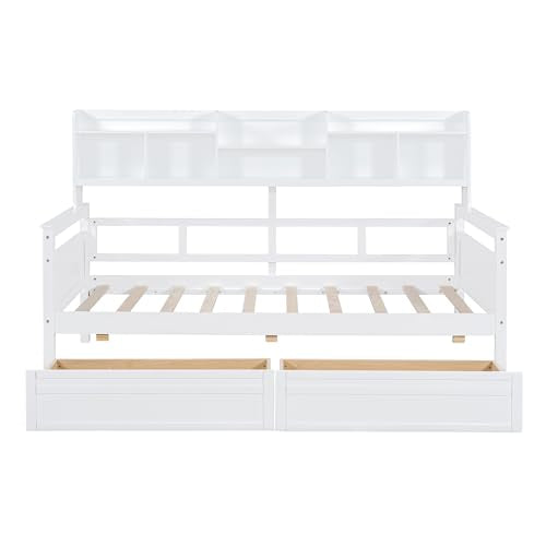 Twin Size Wood Daybed with Shelf and 2 Storage Drawers A431