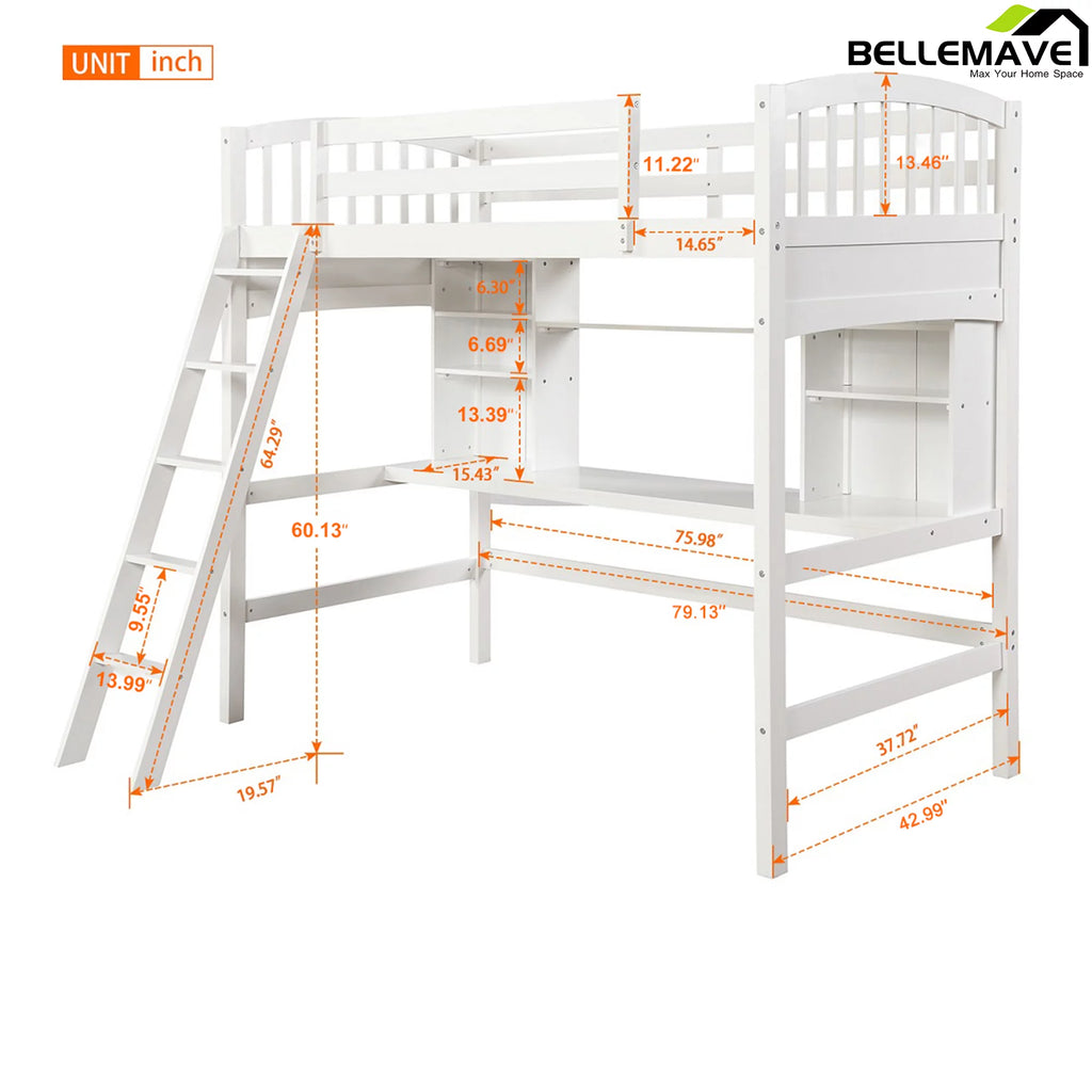 Twin Size High Loft Bed with Storage Shelves, Desk and Ladder Solid Wood Bed Frame with Safety Guardrails White D77146