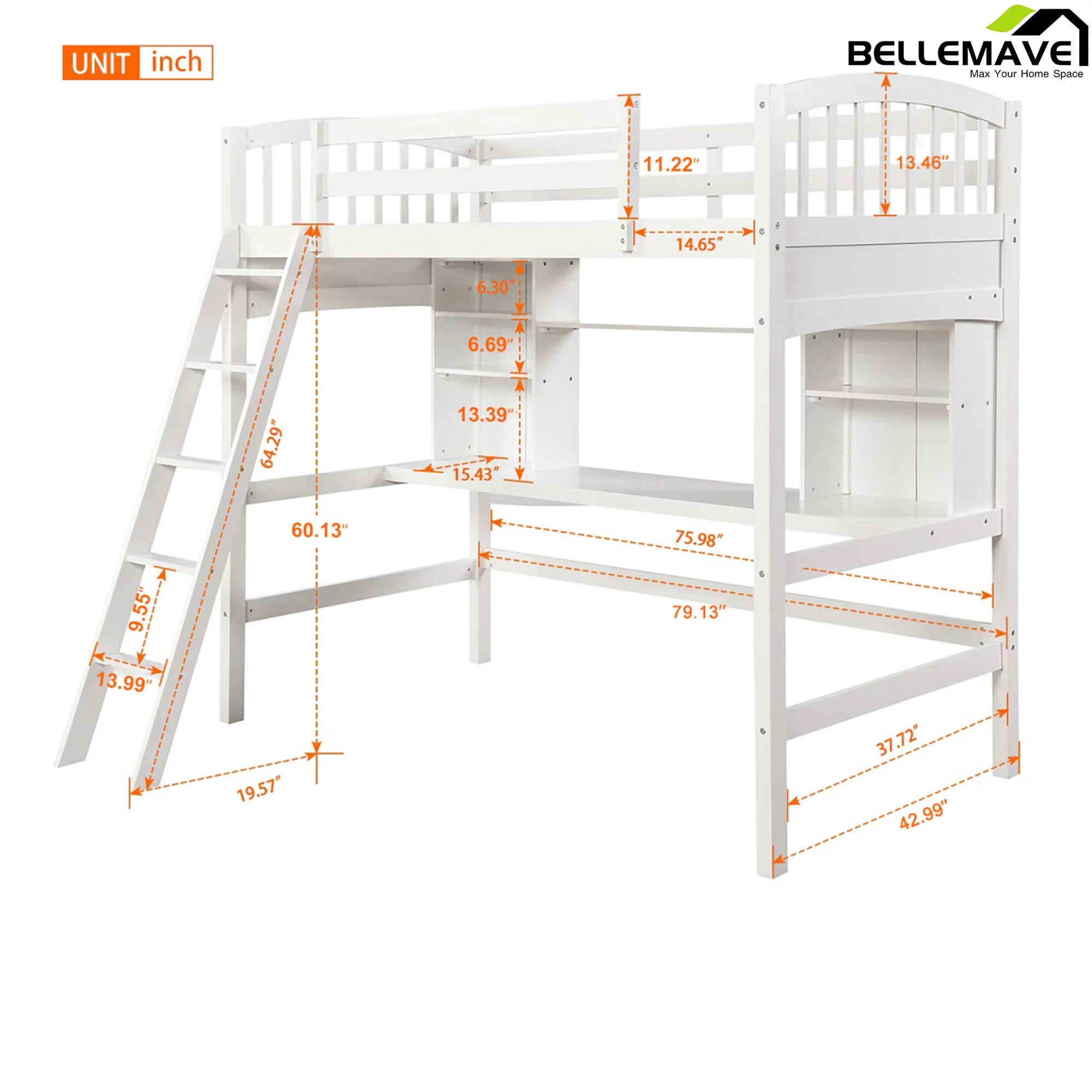 Twin Size High Loft Bed with Storage Shelves, Desk and Ladder Solid Wood Bed Frame with Safety Guardrails White D77146