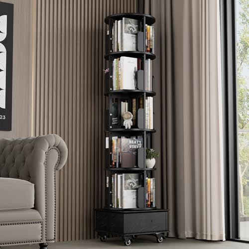 Black 5-Tier Rotating Book Shelf with Drawer V94623