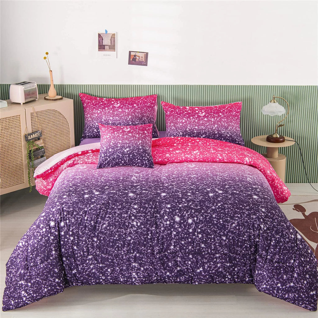 6Pcs Twin Gradient Pink Purple Glitter Comforter Sets R2313