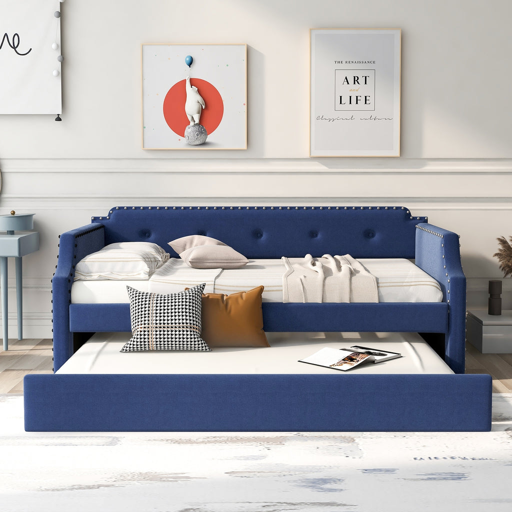 Twin Size Upholstered Daybed with Trundle Blue I491