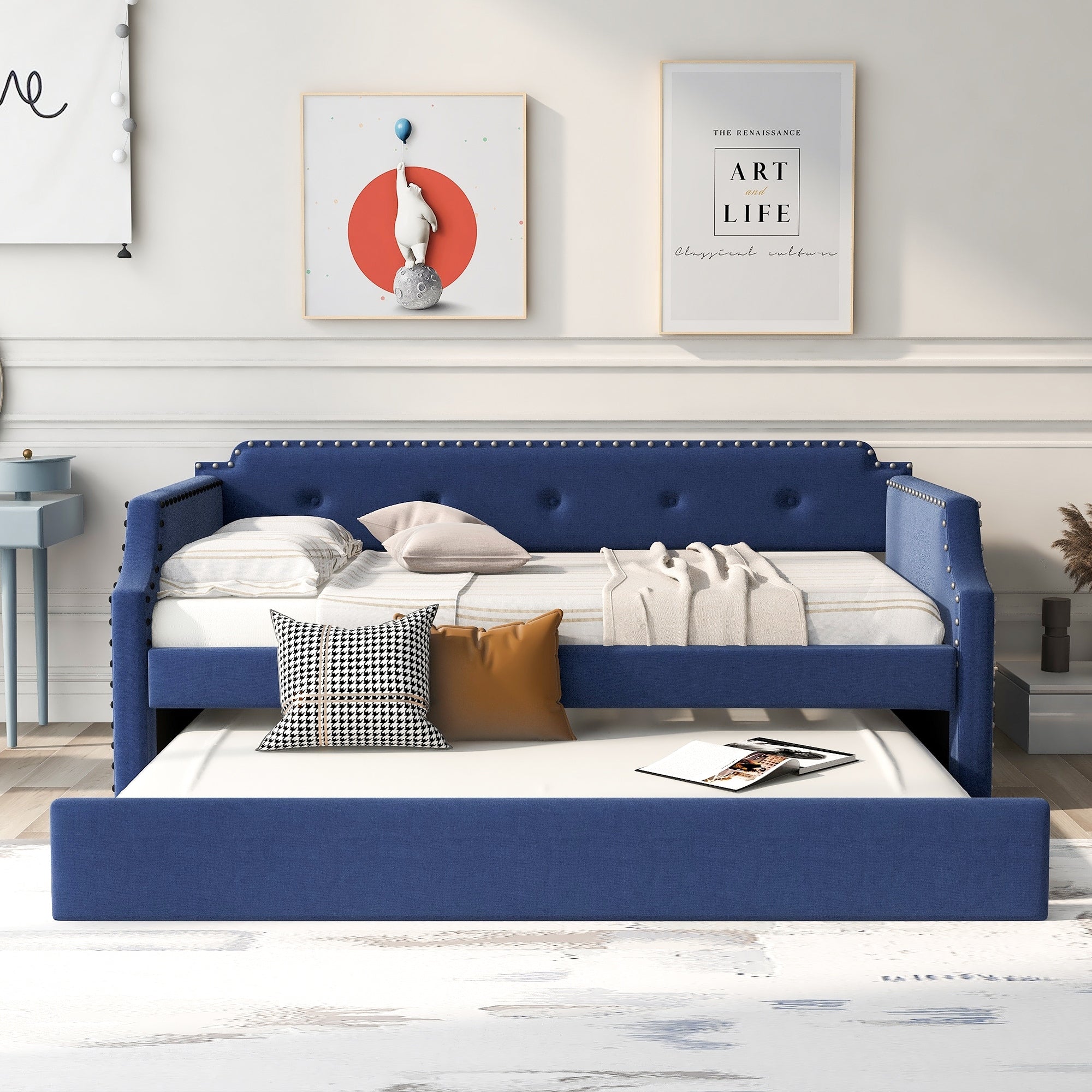 Twin Size Upholstered Daybed with Trundle Blue I491