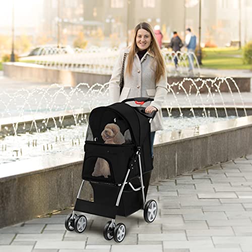 4 Wheels Folding Pet Stroller with Storage Basket and Adjustable Canopy C4318